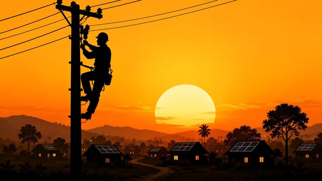 Utility worker on a tall power pole, performing maintenance on electrical lines at sunset over a suburban neighborhood with solar-roofed houses
