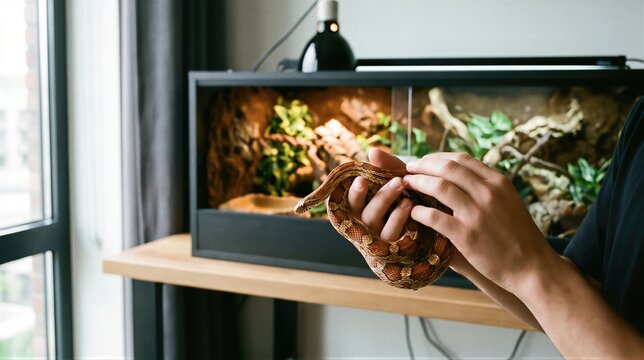 Woman holding corn snake outside terrarium in domestic interior. Exotic pet owner taking care of reptile. Nature hobby and animal welfare concept. Reptile keeper handling pet snake.
