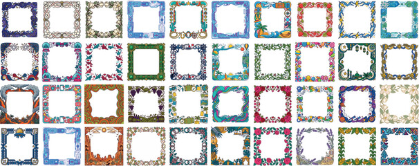 Fototapeta premium Collection of Decorative Square Frames Featuring Various Artistic Themes and Styles
