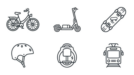 Urban Transportation Icons: Bicycle, Scooter, Skateboard, Helmet, Monowheel, Tram © nia