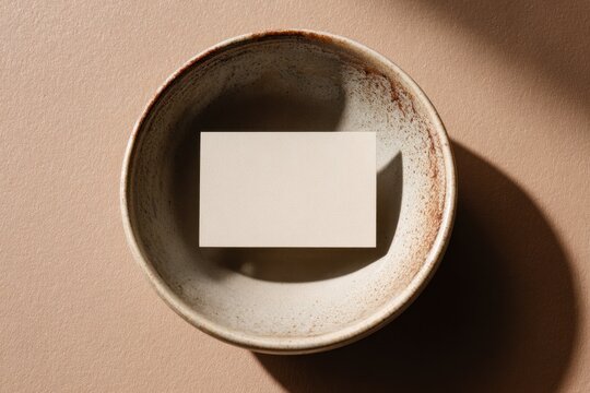 Minimalist ceramic bowl with blank rectangular card inside resting on a textured beige surface casting soft shadows in natural sunlight composition