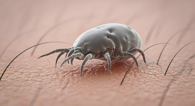 Microscopic mite crawling on human skin surface