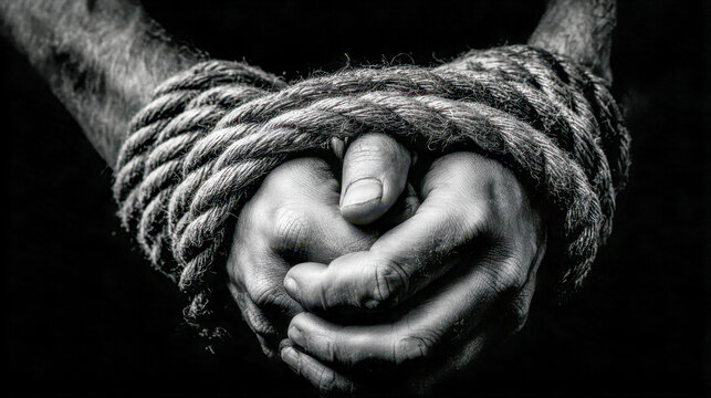 Close-up of hands tightly bound with thick rope symbolizing captivity and restraint on a dark background conveying tension and struggle