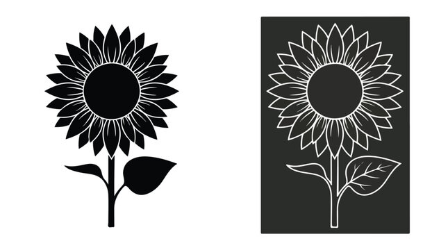 Black sunflower silhouette vector set, minimalist floral icons with stem and leaf, botanical line art illustrations for summer branding and logo design