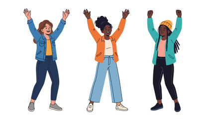Fototapeta premium Three diverse young women celebrating with arms raised in excitement and joy.