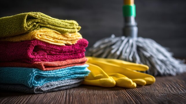 A stack of colorful microfiber cloths next to yellow rubber gloves and a mop on a wooden floor ready for household cleaning tasks and maintenance