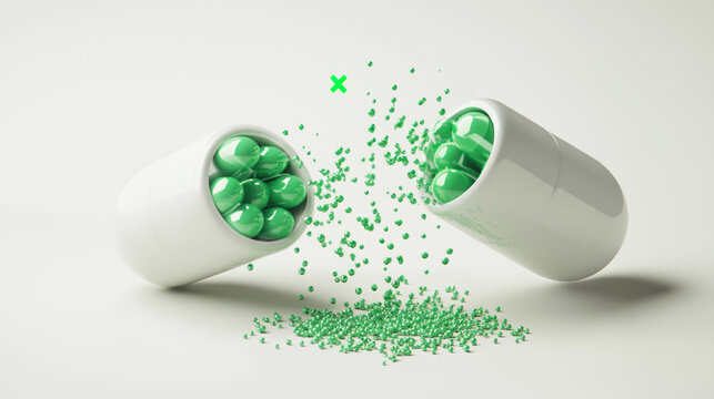 An opened white capsule spilling tiny green medical beads and pills on a clean light gray background, conceptual healthcare and pharmaceutical science rendering
