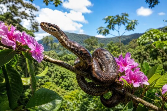 Snake coiled on tree branch with pink flowers in tropical rainforest, alert wild reptile tasting air in lush jungle under blue sky, vibrant nature scene.