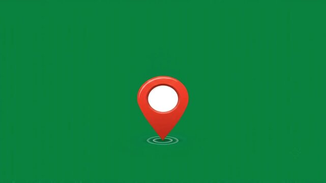 Red map pin animation in a clean flat design with subtle pulse effects on green background