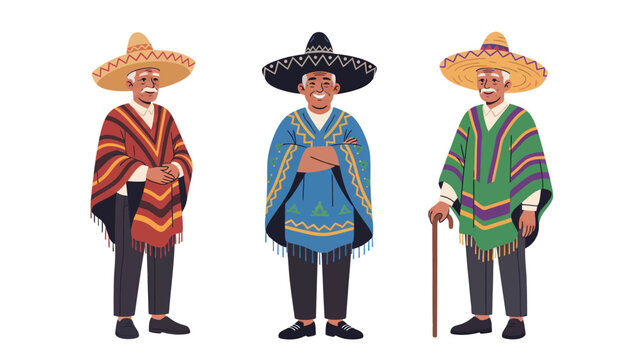Three smiling elderly men wearing traditional Mexican ponchos and sombreros, standing confidently.