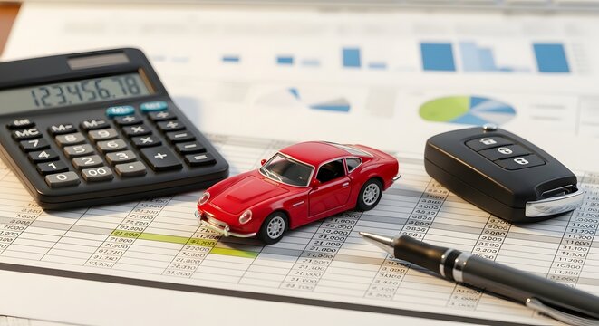 Red toy car and calculator on financial documents