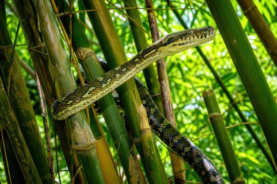 Carpet python snake slithering through green bamboo stalks in wild tropical forest, alert reptile in natural habitat, vibrant outdoor wildlife close-up