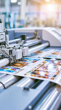 Industrial commercial printer producing vibrant color prints on sheets with advanced technology in a modern printing facility environment