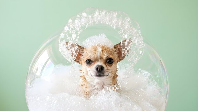 Cute Wet Chihuahua Dog Having a Bath with Huge Soap Bubble Halo on Head