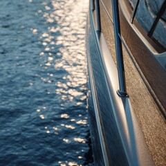Obraz premium Reflection of sunlight on calm water next to a sleek modern boat hull with stainless steel railing on a peaceful sunny day at sea