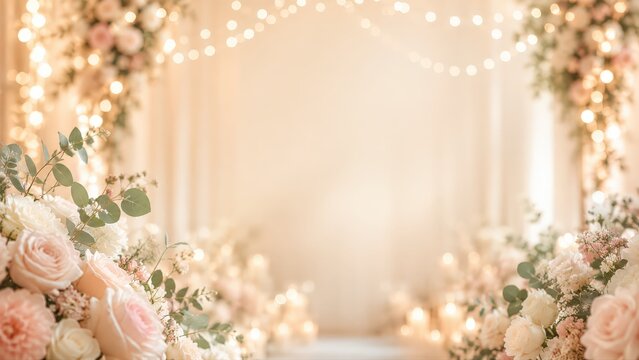 Romantic Wedding Arch with Pink Roses and Sparkling String Lights