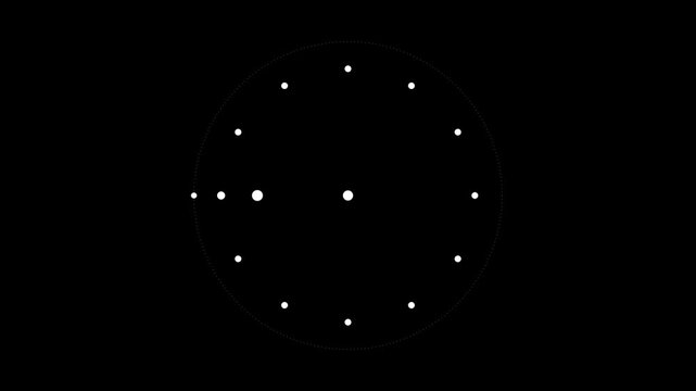 Minimalist abstract clock motion with rotating animation white dots on black