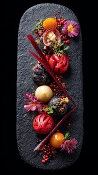 Symmetric gourmet tasting platter with mini bites plated like abstract art, black matte background, high-end modern cuisine, 8k detail, copy space 