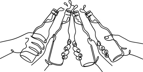 Continuous one line drawing of hands toasting with beer bottles. © Dhea