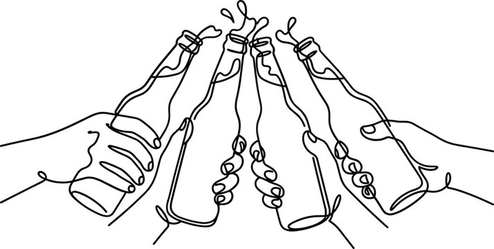 Continuous one line drawing of hands toasting with beer bottles.