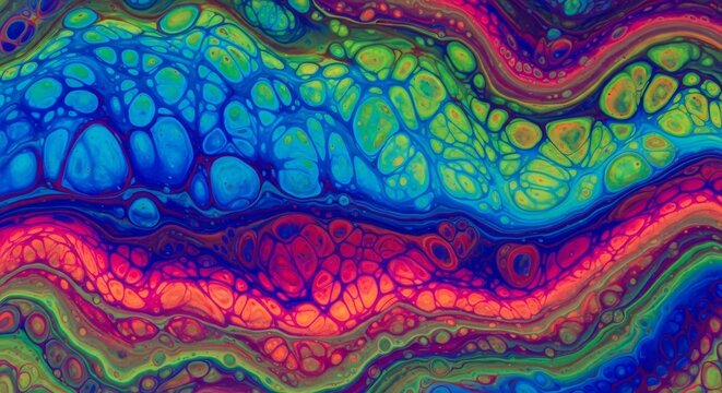Intricate fluid art background with rainbow acrylic paint cell patterns abstract colorful