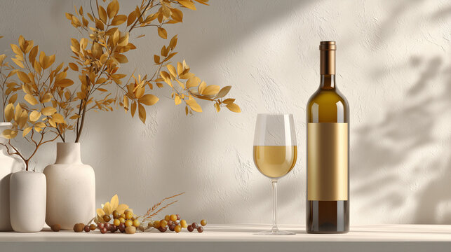 Celebrating National Wine Day with a still life of wine bottle and glass on a table with flowers and autumn leaves indoors.