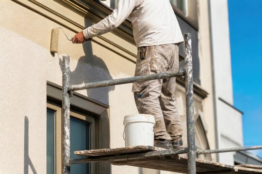 Professional painter applying beige paint to building exterior wall with roller while standing on metal scaffolding under bright sunlight, home renovation concept