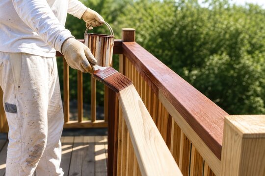 Professional painter applying brown protective stain to wooden deck railing with brush on sunny day, home improvement maintenance concept