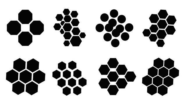 Abstract geometric patterns with octagons and hexagons in black and white, vector illustration