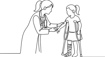 Obraz premium Continuous one line drawing of a doctor examining a young girl with a leg cast and crutches.