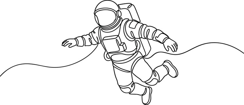 Continuous single line drawing of an astronaut floating in outer space.