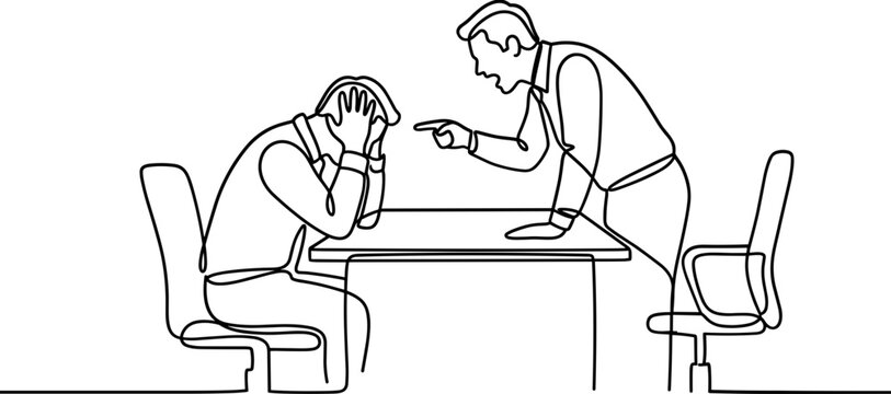 Continuous line drawing of an angry boss reprimanding a stressed employee at a desk.