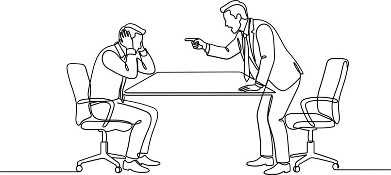 Continuous line drawing of an angry boss reprimanding an employee in the office.