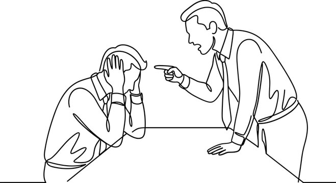 Continuous line drawing of an angry boss scolding an employee at work.