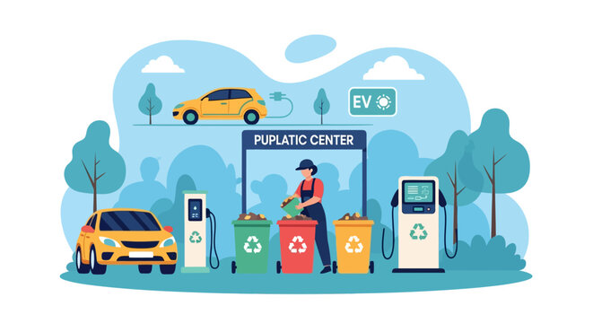 Electric vehicle charging station with recycling bins and person.