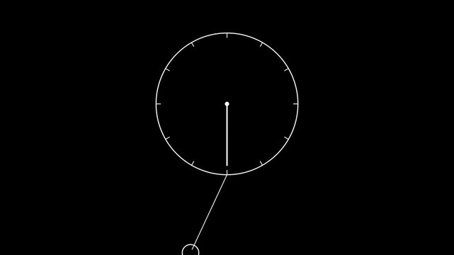 Minimalist pendulum clock animation with rotating hands on animation black background