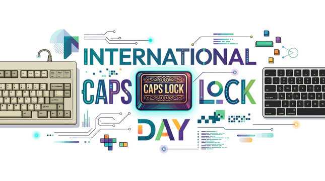 Celebrate International CAPS LOCK Day with retro and modern keyboards, a fun digital graphic celebrating typing