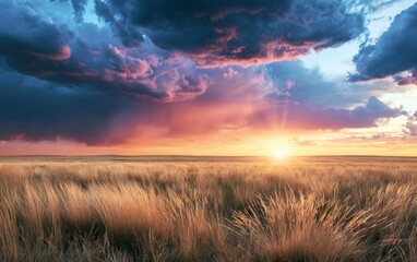 Fototapeta premium Vibrant Sunset Over Golden Grassland Highlighting Colors and Clouds Beneath Dramatic Sky at Dusk
