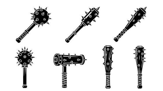 Black Silhouette Medieval Weapon Set: Spiked Mace and Hammer Illustrations