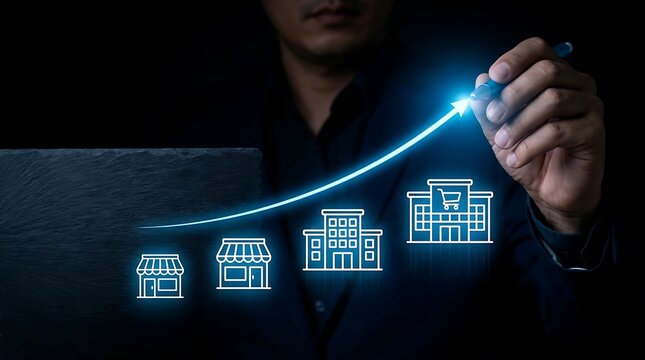 Businessman drawing ascending glowing arrow over retail store icons representing franchise expansion and progressive business growth strategy
