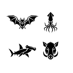 Obraz premium Bat, squid, hammerhead shark, and wild boar minimalist geometric animal vector set