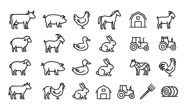Modern livestock monoline icon pack with cow pig chicken horse sheep and agriculture vectors