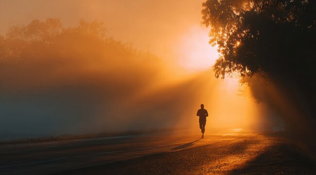 Silhouette of runner on road during misty morning sunrise with exercise training wellness silhouette distance endurance motivation lifestyle solitude atmosphere movement dedication