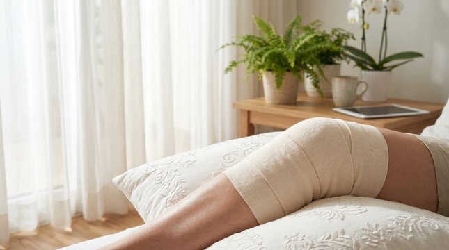 Person recovering with a compression bandage wrapped around their knee