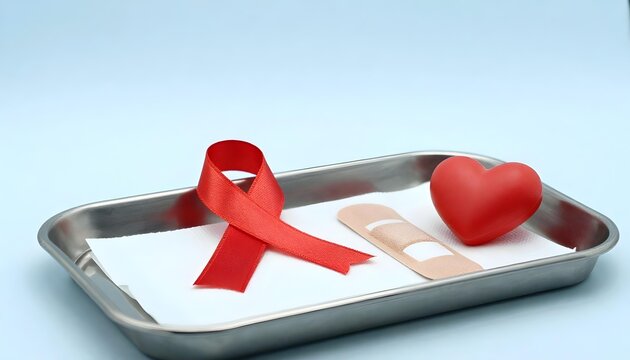 A tray with a red ribbon, bandages, and a heart, highlighting MedicAlert Awareness Month and the importance of medical IDs