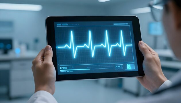 A person showcases a tablet featuring a heart rate monitor, promoting awareness for medical IDs and emergency preparedness