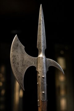 A medieval halberd with axe blade and spear point, displayed in museum lighting.
