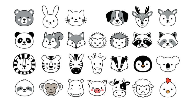 A collection of cute minimalist and stylized animal faces including a bear rabbit cat dog deer fox panda squirrel hedgehog raccoon lion tiger zebra giraffe badger penguin koala sloth monkey