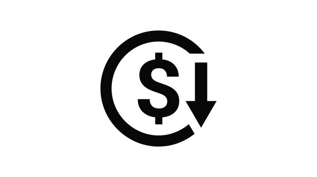 Black dollar sign icon with a downward arrow inside a circular frame representing financial decline or economic market loss on a clean white background surface