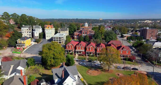Aerial view of large Victorian homes in Macon, old historical city in Georgia. Southern American architecture in fall season.